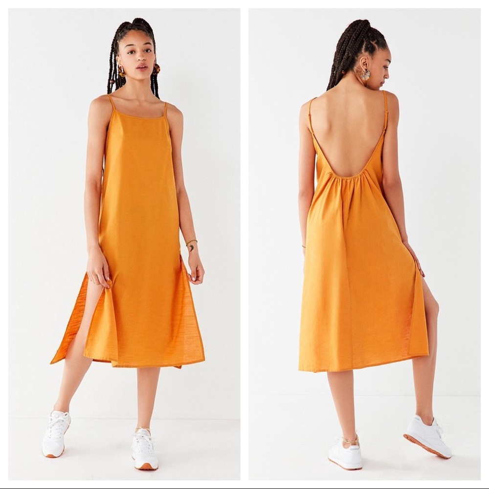 UO Backless Linen Midi Dress in Mustard